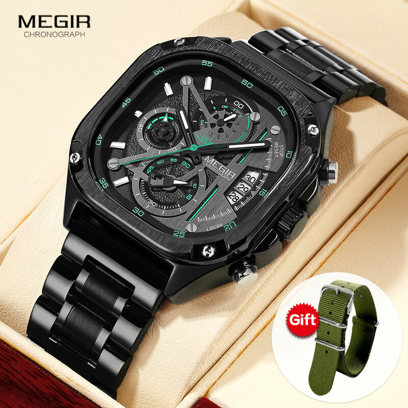 Zegarek czarny kwarc MEGIR męski wodoodporny kwadratowa tarcza zegarek na rękę z chronografem ze stalowy pasek nierdzewnej świecące dłonie Auto data