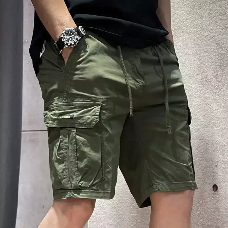 Halbe Herren Cargo Shorts mit Kordel zug solide Khaki Stretch Front tasche große und große Luxus Nylon breite männliche Bermuda kurze Hose