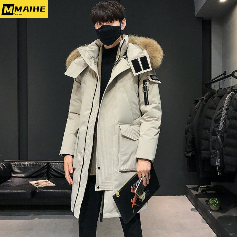 2023 Winter neue koreanische Männer Parka verdicken über dem Knie lange männliche Daunen jacke trend ige Mode Pelz kragen Mantel Streetwear