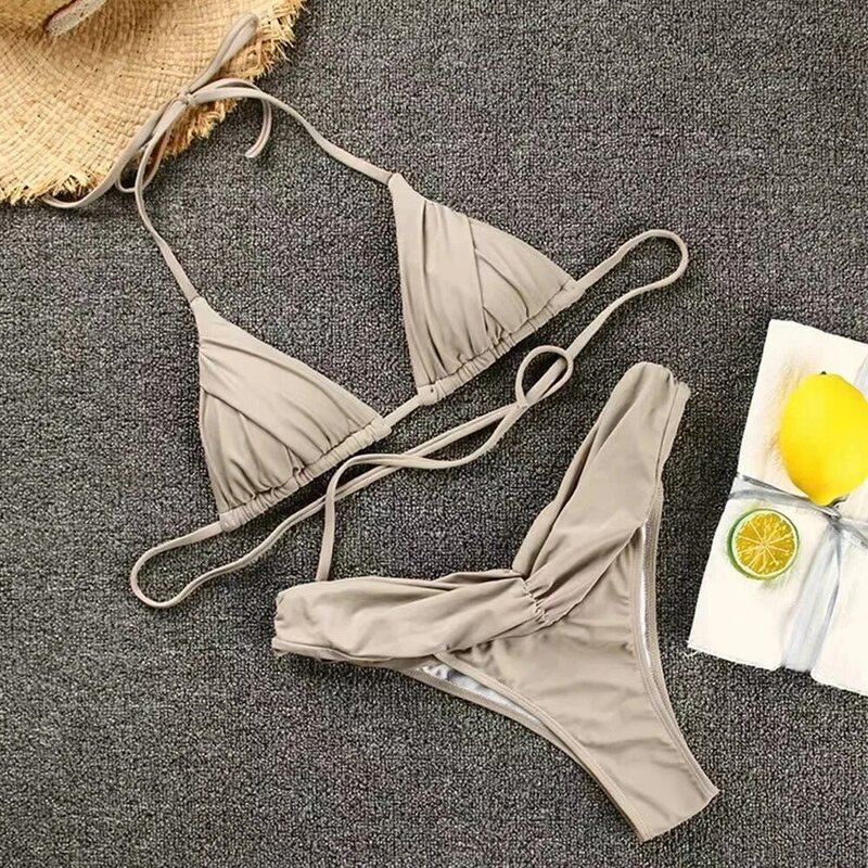 Conjunto de biquíni brasileiro para mulheres sexy micro biquínis, maiô plissado, roupa de praia triangular, roupa de banho, cabeçada, novo, 2022