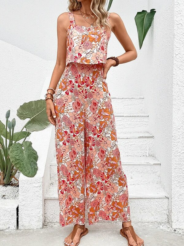 Elegant Long Jumpsuit Women Sexy Backless Wide Leg Jumpsuits Casual Sleeveless Floral Rompers Summer Clothes For Woman 2024 New