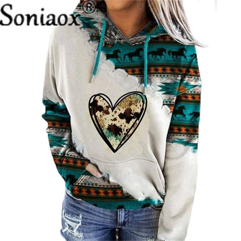 Women Retro Ethnic Style Print Spring Autumn Elegant Hooded Knit Sweater Long Sleeve Top Female Casual Loose Sweater Pullover