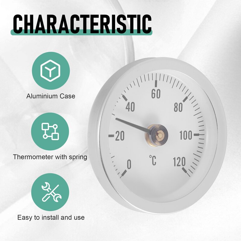 Therye.com-Jauge de température à cadran à clipser pour tuyau de 63mm, plaque ronde avec ressort, plage 0-120 ℃, boîtier en aluminium, ensemble de 5 pièces