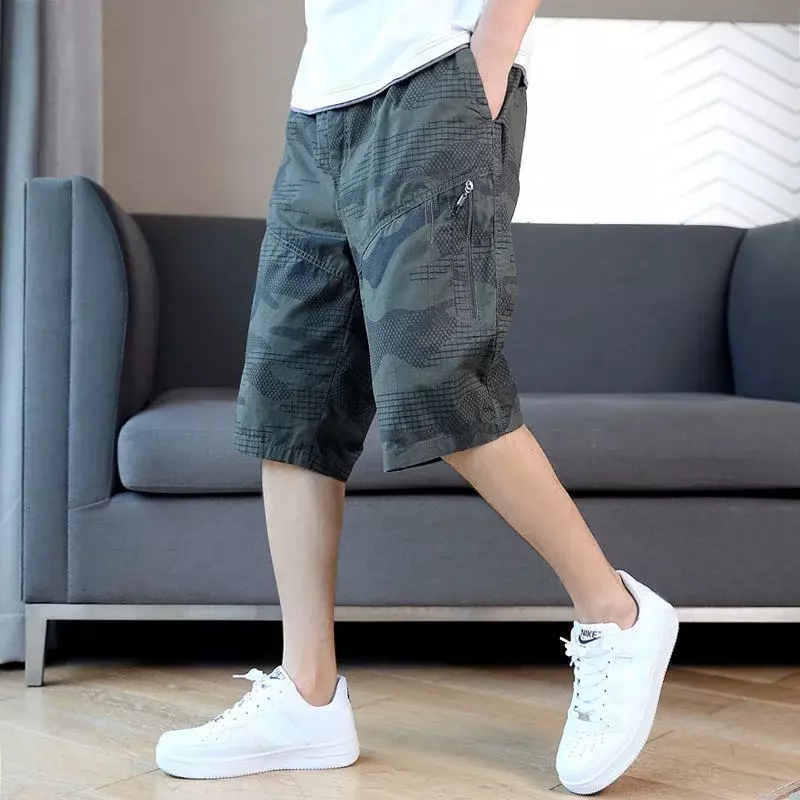 Calção de algodão Harajuku masculino, calça curta, comprida com zíper, sobre o joelho, corredores de camuflagem, solta, nova, Y2k