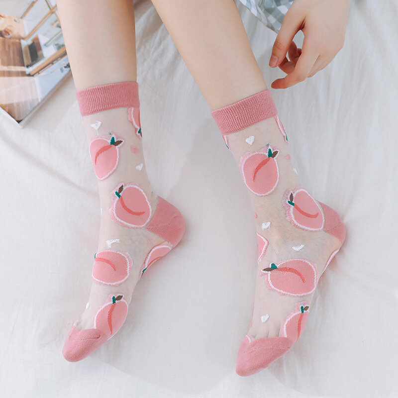 Летние новые носки Kave, женские тонкие шелковые носки в японском стиле с изображением фруктов и стекла, модные трендовые женские чулки с карточками, Прямая поставка