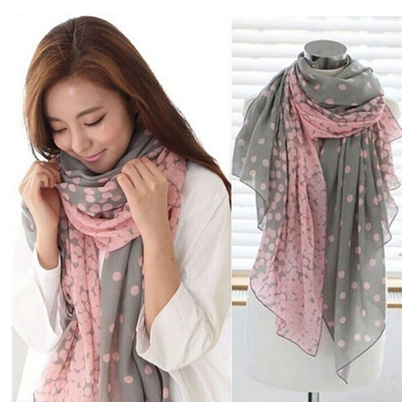 Hot Sale Women Scarf  Autumn Warm Soft Long Voile Neck Large Wrap Shawl Stole Pink Grey Dots Scarve 166*60cm
