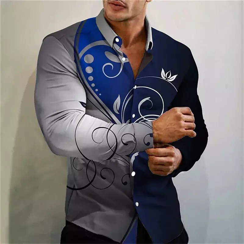 Camisa polo manga comprida masculina, vermelha, azul, estampada com flores, botão, luxo, baile de baile, moda social, designer, alta qualidade