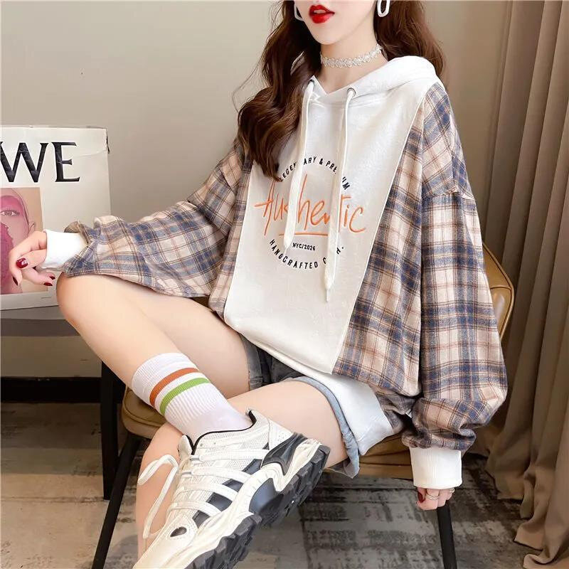 2023 Spring and Autumn Korean Edition Thin Design Plaid Panel Casual Hooded Sweate