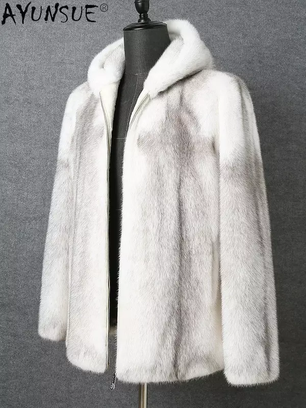 AYUNSUE najwyższej jakości futra z norek na krzyż dla mężczyzn 2023 zimowa naturalna norek z kapturem płaszcz z prawdziwego futra męska odzież dla mężczyzn