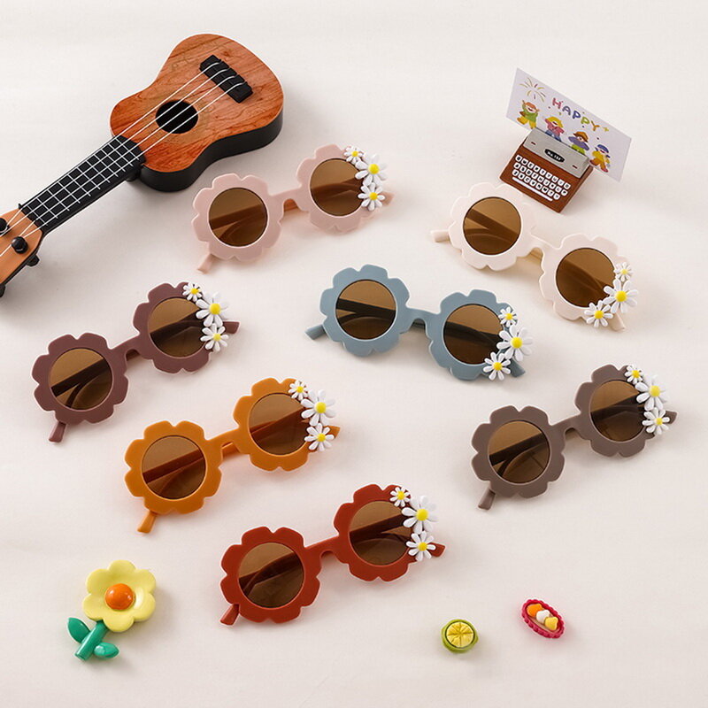 어린이용 귀여운 라운드 프레임 해바라기 선글라스, 데이지 꽃, UV400 쉐이드 안경, 여아 남아, 아기, 2024 신제품