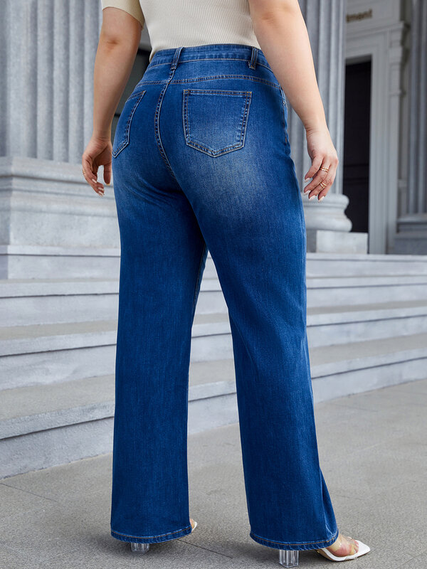 جينز نسائي فضفاض عالي الخصر وبأرجل واسعة متوفرة بمقاسات كبيرة ، بنطال جينز مستقيم مستقيم مستقيم للنساء