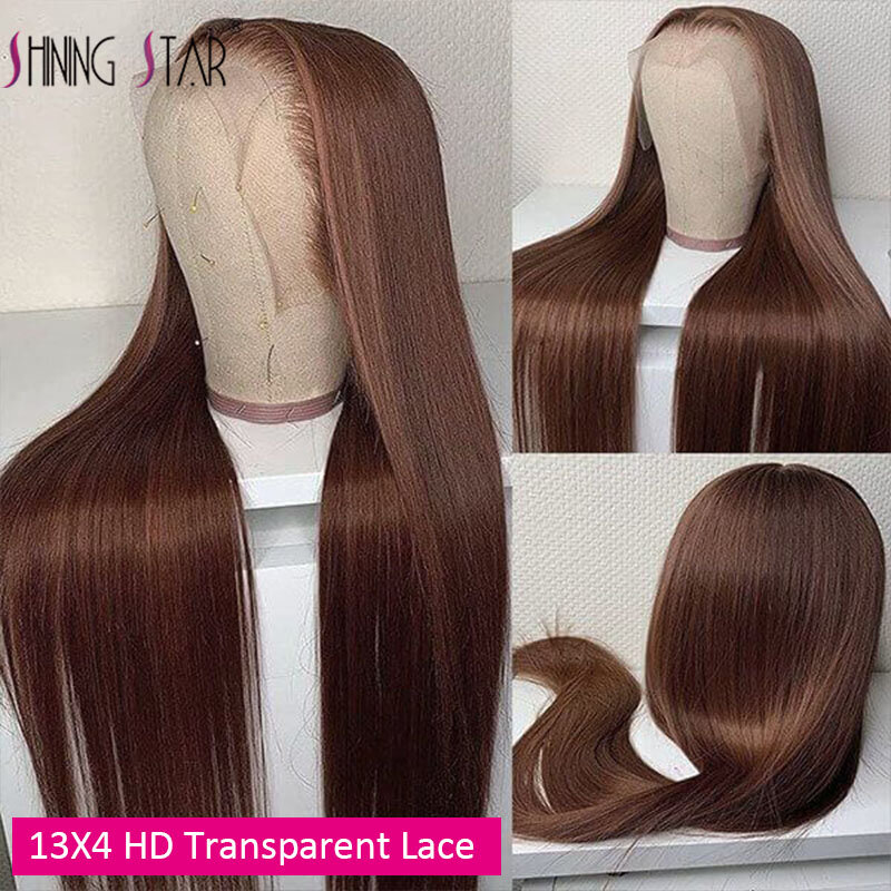 13x6 Chocolate Brown Straight Lace Front Human Hair Wig HD Transparent Lace Frontal Wig Preplucked Colored Human Hair Wigs 180%