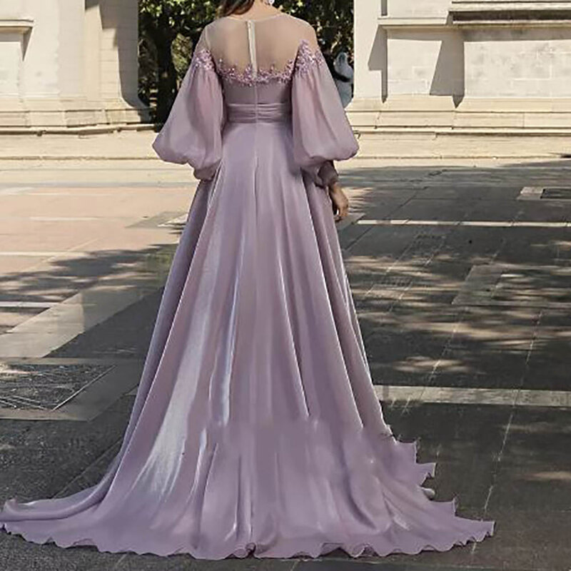 Elegant A Line Lace Satin Long Evening Dress Prom Party Gown O Neck Puffy Sleeves Pleated Full Length 2024