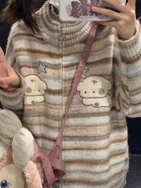 Deeptown Harajuku Kawaii Hund Stickerei Strickjacke Frauen Vintage gestreiften Strick pullover Cutecore Reiß verschluss Strickwaren Y2k Top Japanisch