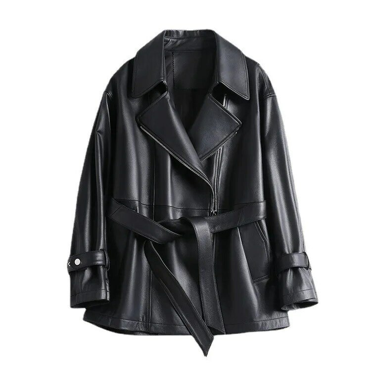 Кожаное пальто 2024 для женщин, мотоциклетная куртка средней длины с воротником, пальто оверсайз в новом стиле для весны и осени