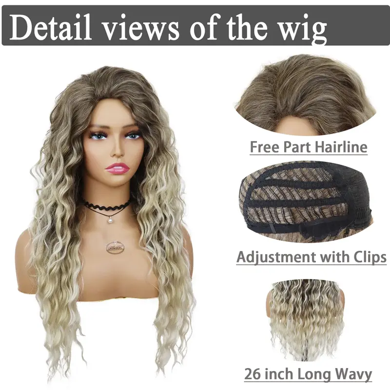 Peruca sintética de cabelo longo encaracolado para mulheres, peruca loira cinza, penteado fofo, onda ombre, festa de carnaval, regular