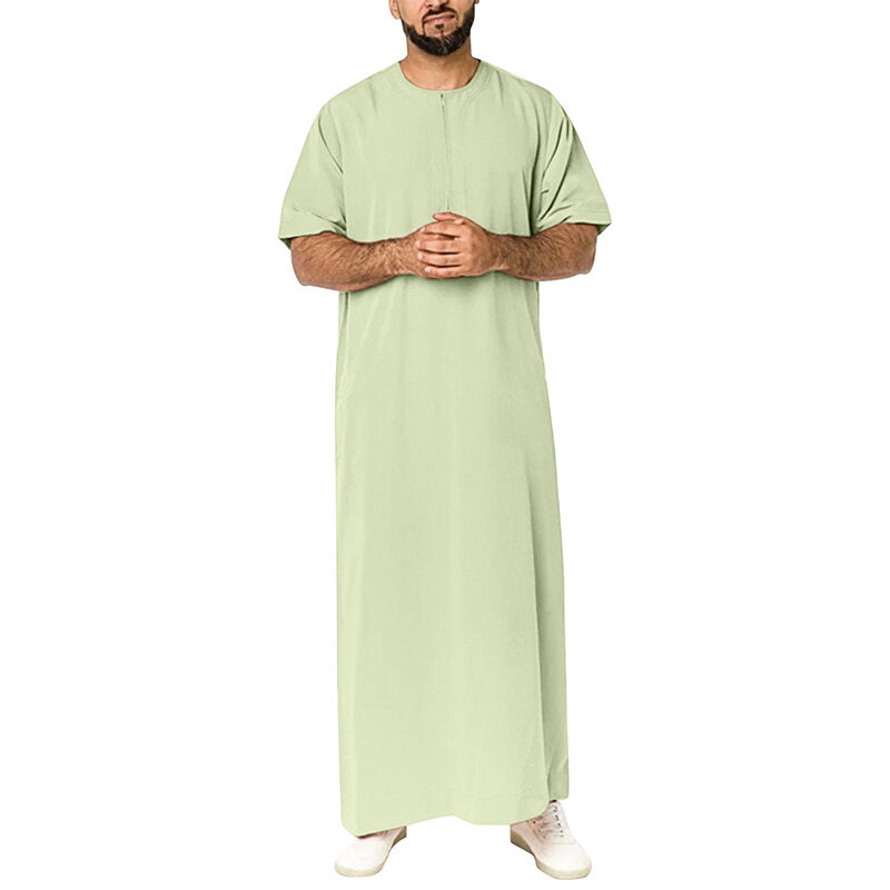 2024 Nieuwe Effen Kleur Korte Mouw Moslim Midden-Oosten Arabische Dubai Malaysia Heren Shirt Rits Moslim Gewaad