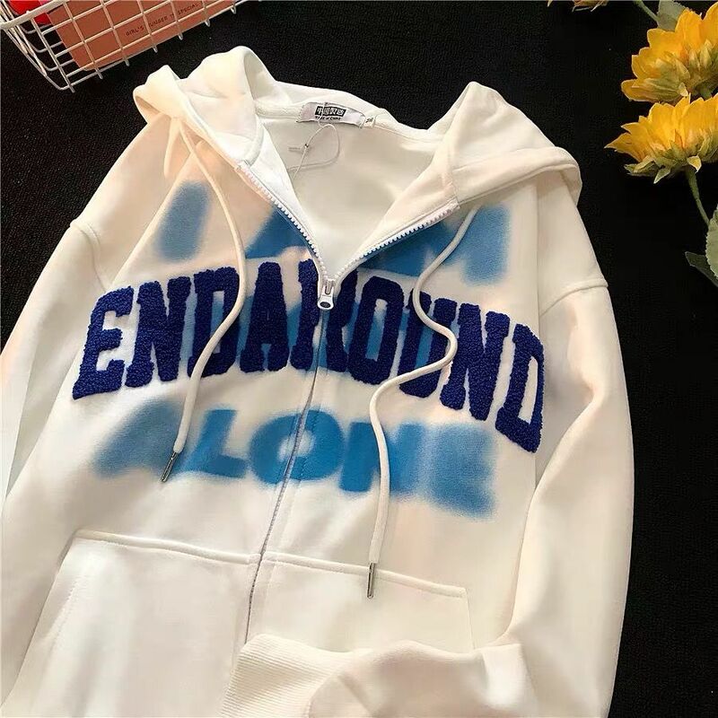 Vintage American graffiti embroidery letter hoodies women's loose sweater couple high quality zip hoodie harajuku y2k clothes