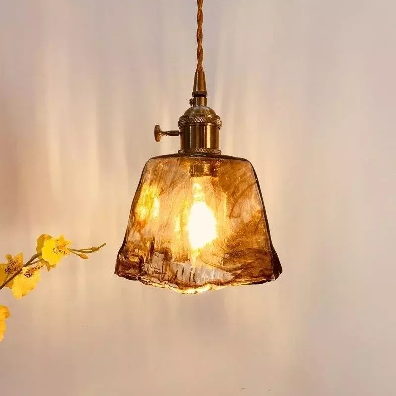 Retro Amber Glass Pendant Lamp LED E27 Hanging Light for Kitchen Island Living Bedroom Bedside Home Decor Indoor Lighting Lustre