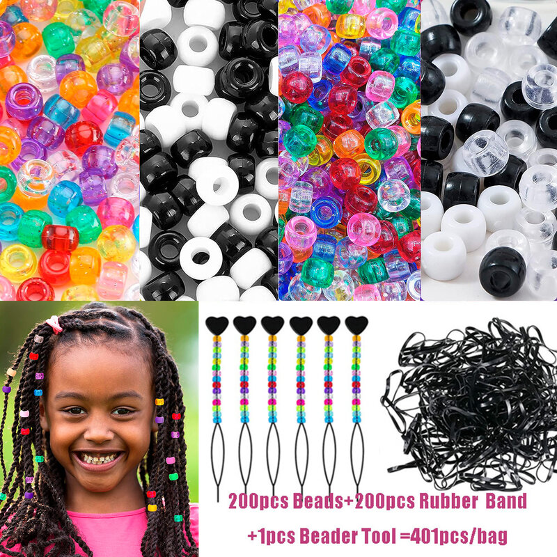 401Pcs/Bag Beads Kit for Hair Braids 200pcs 9x6mm Glitter Pony Beads 200pcs Elastic Rubber Bands and 1pcs Beaders for Kids Hair