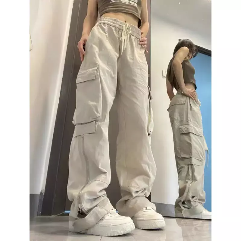 Retro pary proste nowe duże kieszonkowe spodnie Cargo dziewczęce casualowe w stylu Streetwear szerokie nogawki spodnie Cargo morelowe