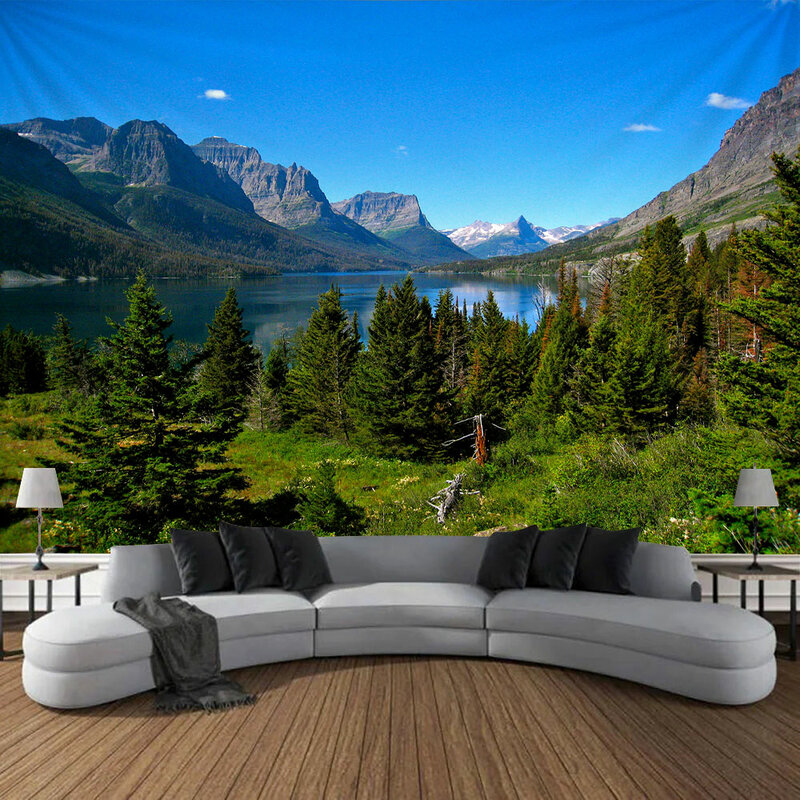 Natural mountains lake coniferous tree landscape tapestry wall hanging bedroom living room home decoration