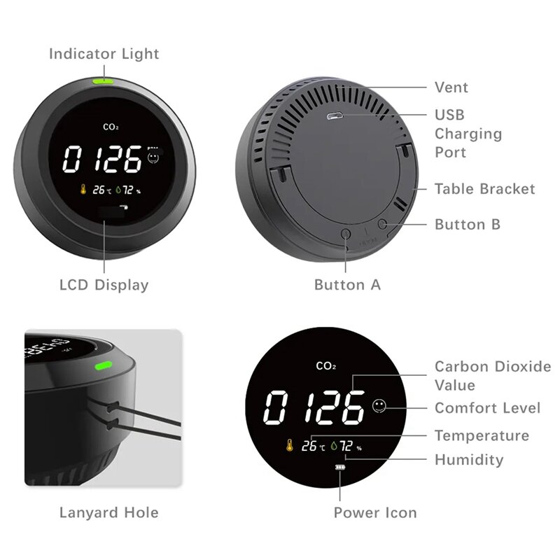 Monitores de PTH-5 de dióxido de carbono, Sensor de CO2 NDIR, plástico negro con Sensor de temperatura y humedad, 1 unidad