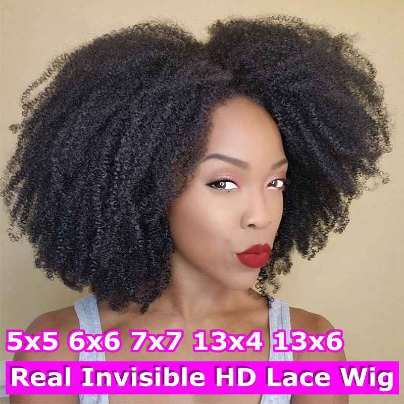 Perruque Lace Closure Wig Remy Brésilienne Naturelle, Cheveux Crépus Bouclés, 7x7, 4B, 4C, Afro HD, 13x6, Invisible Melt Skins