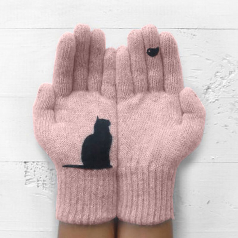 귀여운 고양이와 새 프린트 겨울 장갑, 열 니트 장갑, 남성 여성 십대 방풍 겨울 따뜻한 장갑
