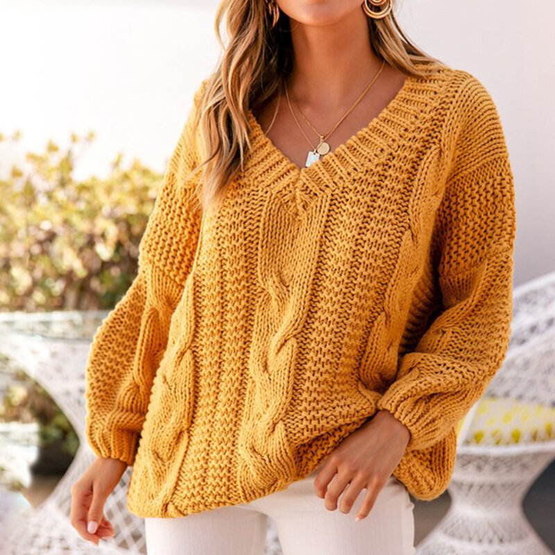 Suéteres de punto informales para mujer, Jersey de manga larga con cuello en V, amarillo sólido, gris, suéter retorcido, jerséis de invierno y otoño