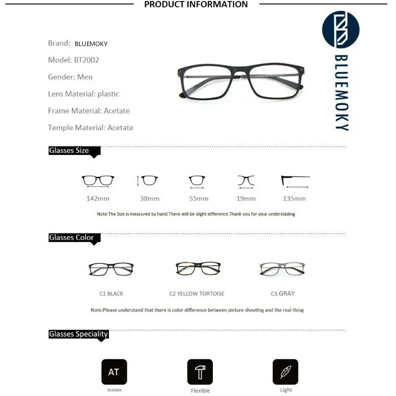 Bluemoky óculos de prescrição unissex, óculos quadrados de grau para miopia e hipermetropia, óculos antirreflexo de raios azuis, armações fotocrômicas