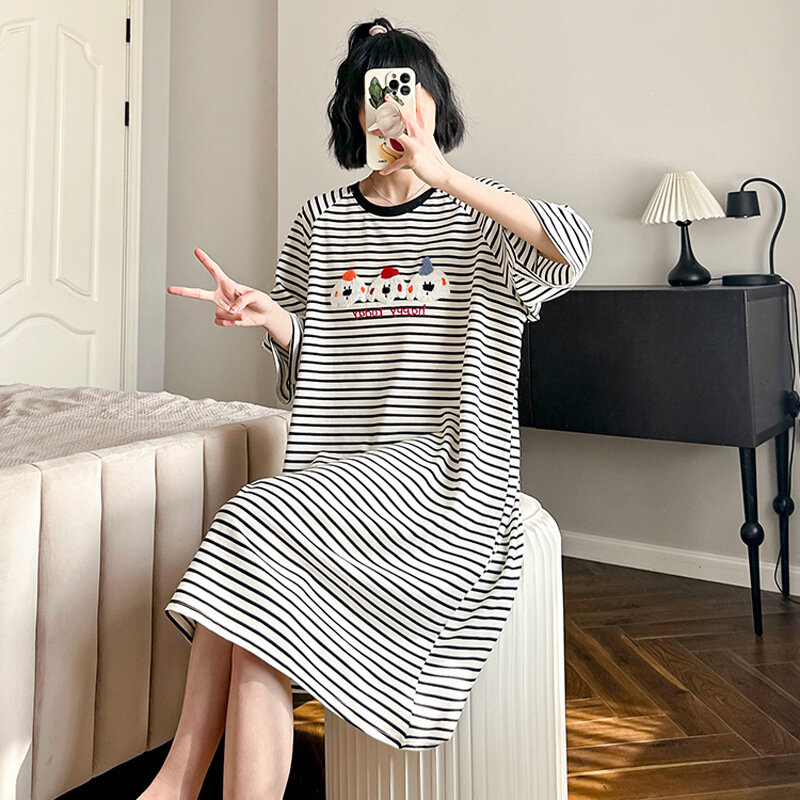 Cartoon Striped Nightdress Women Summer Cotton Medium Length Nightgown Cute Loose Fitting Nightwear Sweet Sleepwear Home Wear