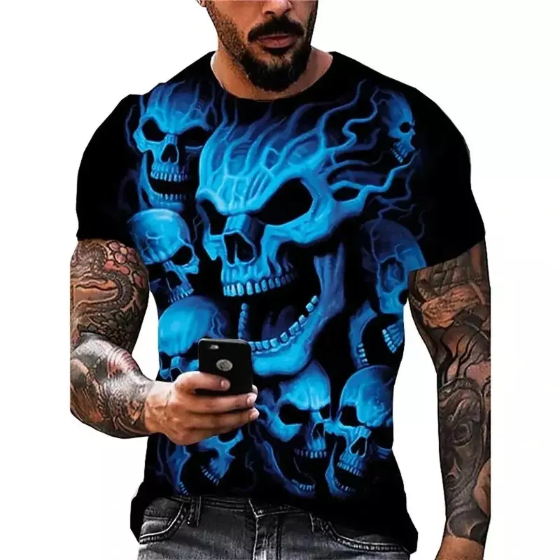 Camiseta com decote em O masculina, estampada em 3D, top de manga curta, moda casual, verão, nova