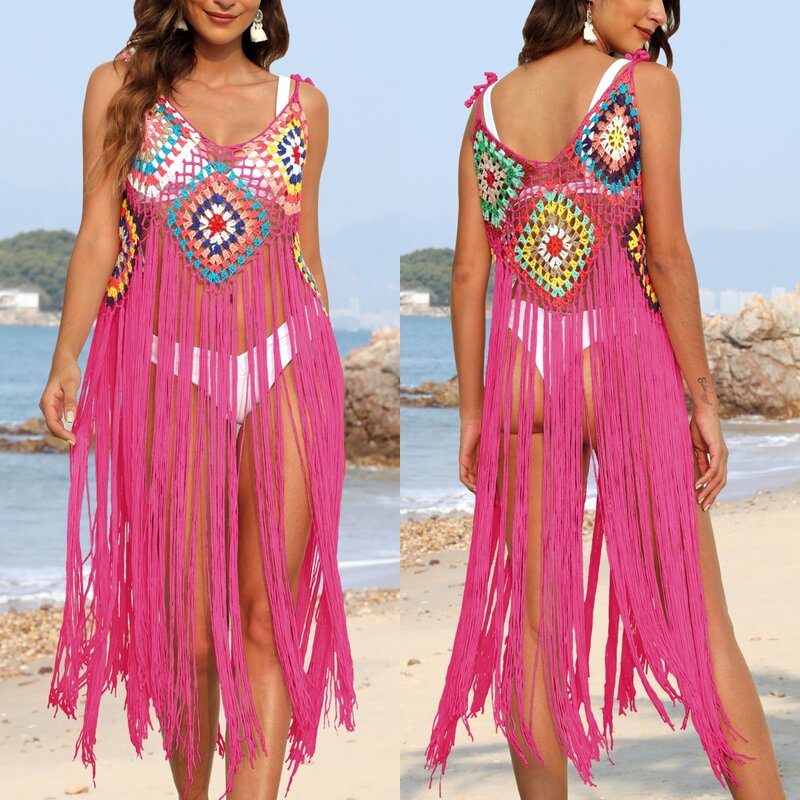 女性のための手織りのボヘミアンビーチスカート,透かし彫りのタッセル,裾,セクシーな水着,夏の服