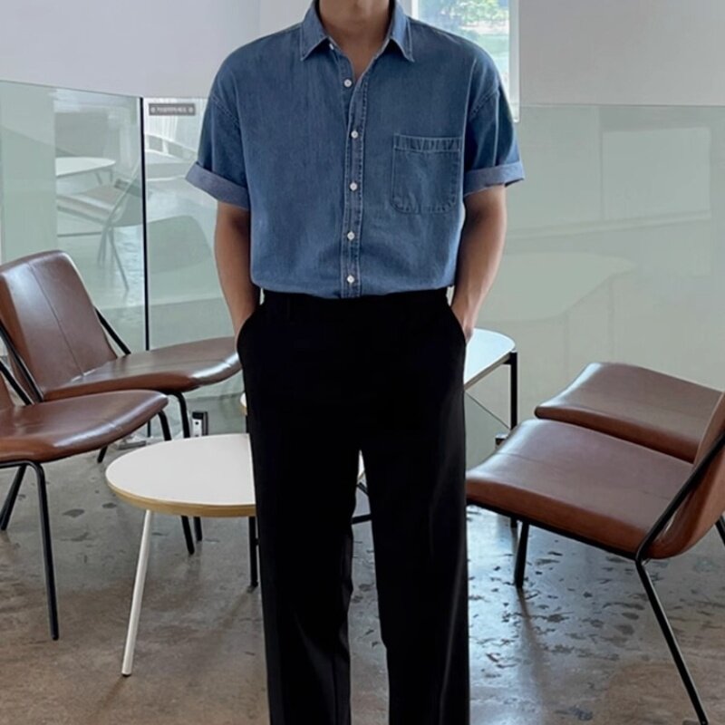 Camisa vaquera de algodón para hombre, camisa informal de manga corta con un solo bolsillo, de un solo Color, ajustada, de alta calidad