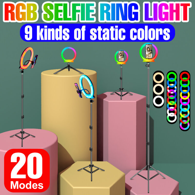 Éclairage LED Ring Light RGB avec trépied, lampe de maquillage, éclairage à intensité variable, pour Selfie, photographie professionnelle, pour diffusion en direct
