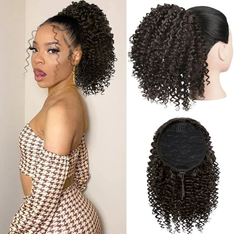 Afro Kinky Curly Drawstring Ponytail, cabelo curto Afro Puff Chignon, peruca sintética, grampo em extensões de cabelo para mulheres