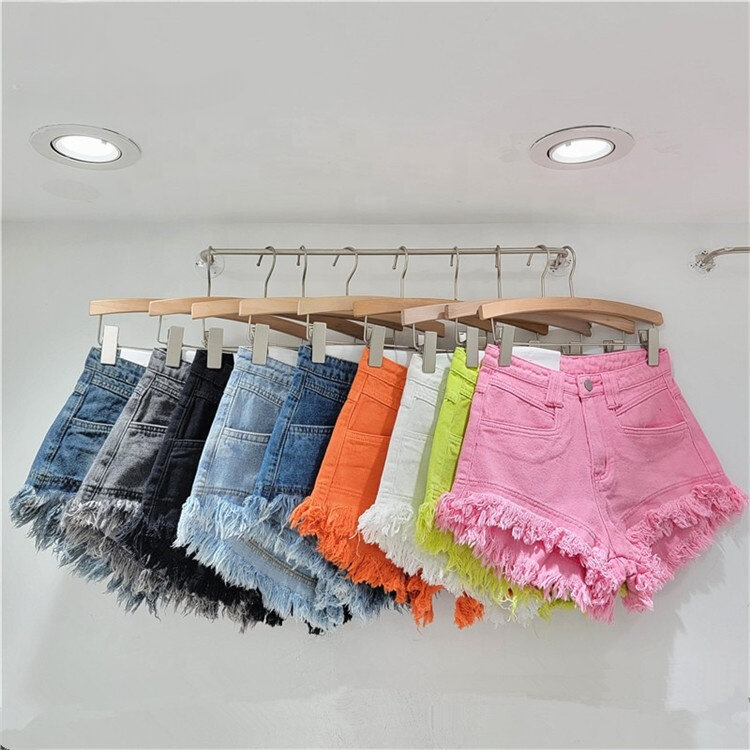 Spodenki jeansowe z frędzlami z wysokim stanem damskie letnie popularne gorące dziewczyny krótkie jeansy modne różowe najnowsze spodnie