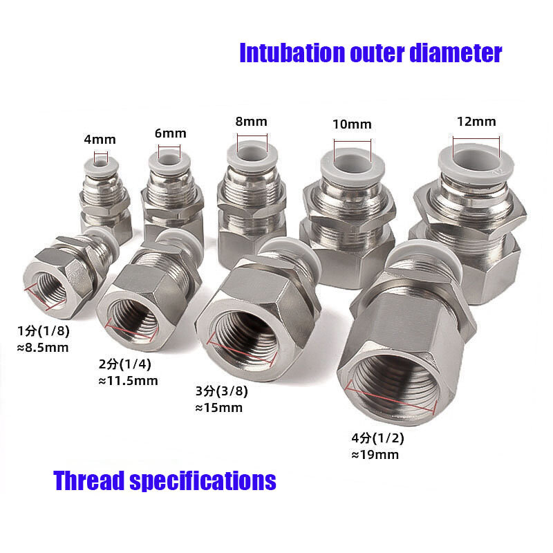 PMF Internal Thread Partition Straight Quick Connector 4 6 8 10 12mm Pneumatic Threading String Plate01-04 Copper Nickel Plating