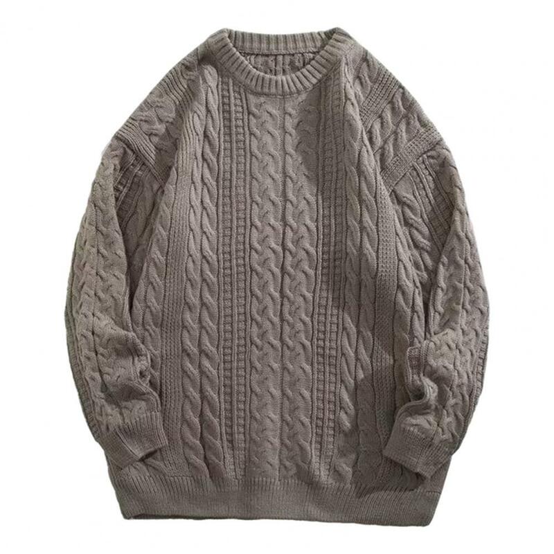 Sweater pria, Sweater rajut warna Solid dengan leher bulat elastis lengan panjang lembut musim gugur dan dingin