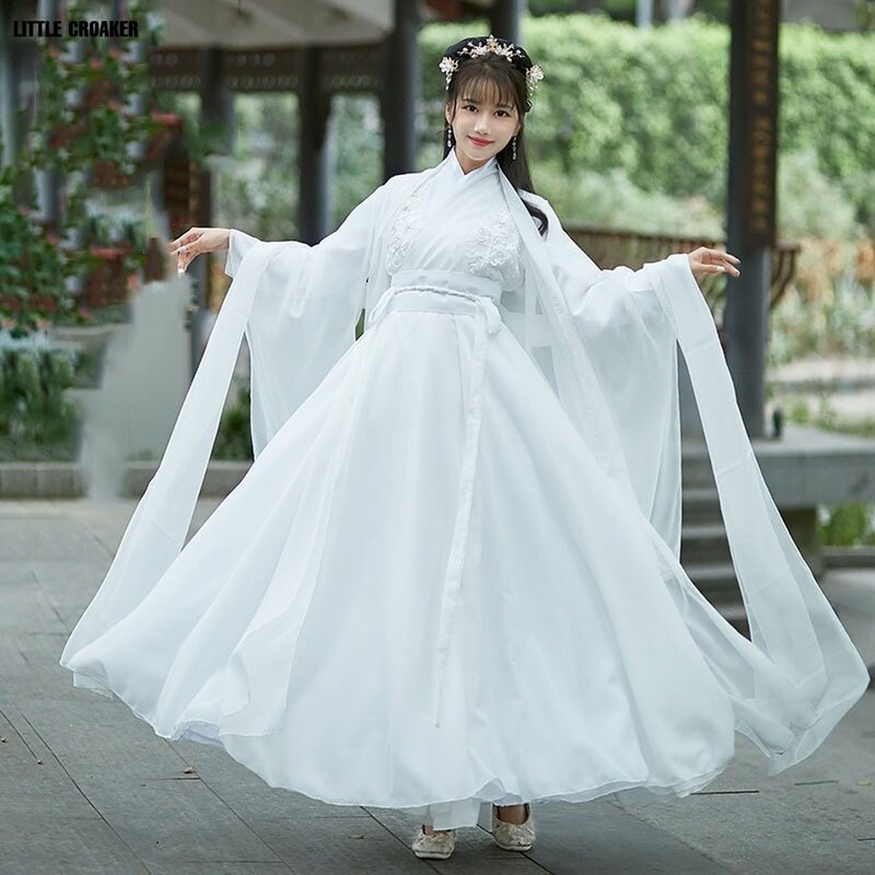 Disfraz de Hada de princesa antigua para mujer, vestido Hanfu blanco, baile folclórico tradicional chino, actuación en escenario, Halloween