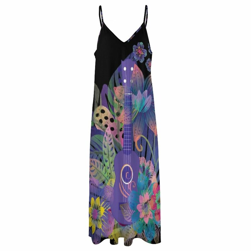 Vestido de noche sin mangas con flores para mujer, prenda femenina con composición de ukelele, para verano, 2023