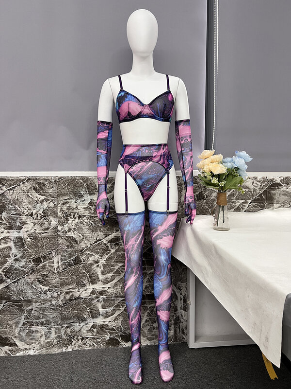 Ellolace-Lencería Tie Dye con manga de media, ropa interior Sexy de lujo, trajes íntimos transparentes de malla, sin censurar, 5 piezas