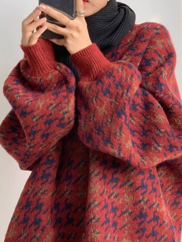 GUUZYUVIZ 여성용 루즈핏 레드 스웨터, 긴팔 라운드넥 스웨터