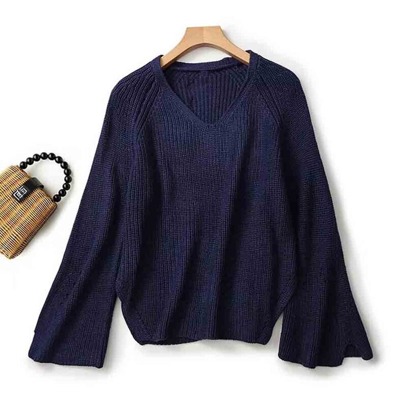 Women 2023 New Fashion Loose V Neck Casual Knitted Sweater Vintage Flare sleeved Female Pullovers Chic Tops