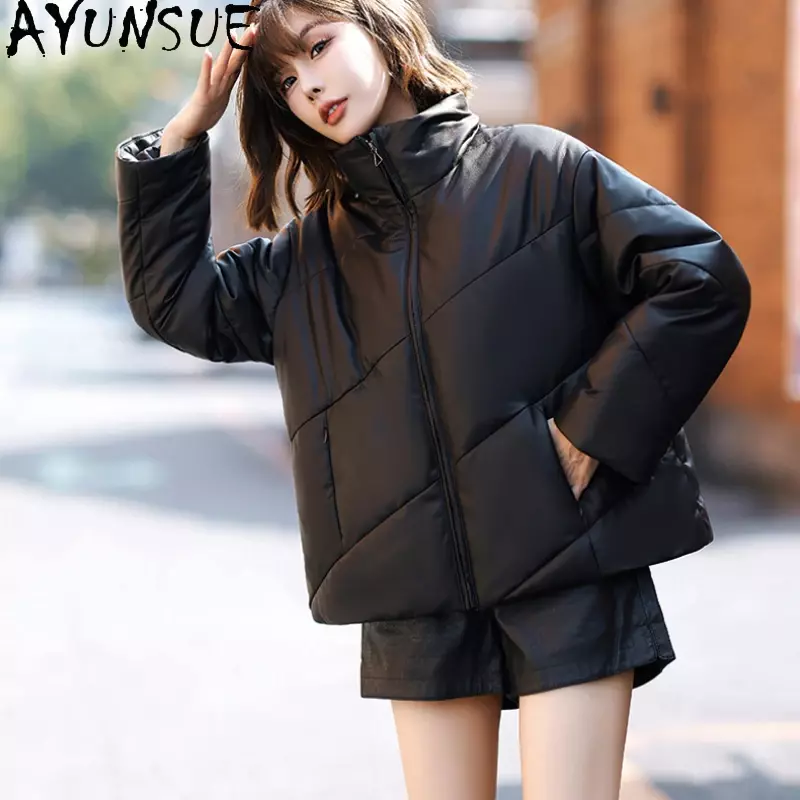 Ayunsue-女性用シープスキンレザージャケット,ショートコート,スタンドカラー,防寒着,2023