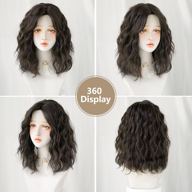 7JHH WIGS High Density Synthetic Middle Part Dark Brown Wig for Women Daily Short Wavy Bob Wigs with Curtain Bangs Glueless Wig