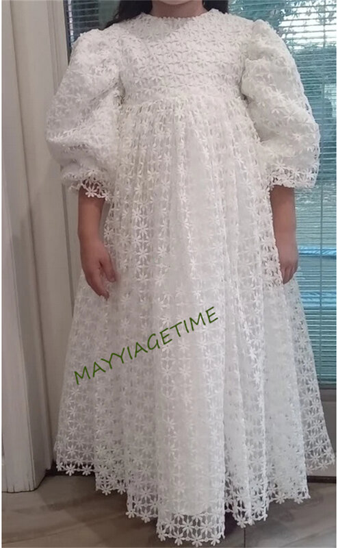 Half Sleeve White Lace Flower Girl Dress For Wedding Puffy Balloon Sleeve Pricness Pageant Birthday High Neck Girl Dresses