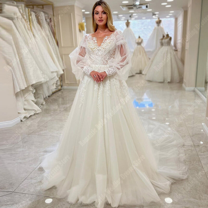 Eleganckie damskie suknie ślubne z głębokim dekoltem w kształcie tiulu brokatowe suknie ślubne 2024 kwiatowe paski na ramionach księżniczki Vestidos De Novias