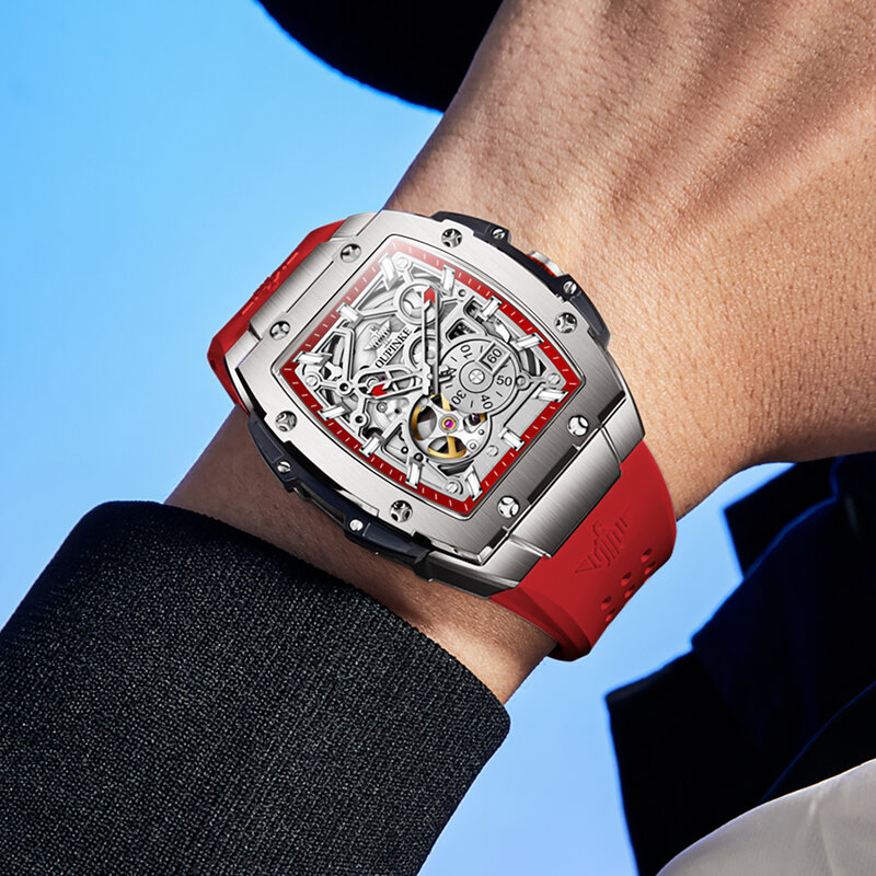 OUPINKE Original Brand Skeleton orologi automatici di alta qualità per uomo orologio da polso Tonneau impermeabile meccanico di lusso in Silicone